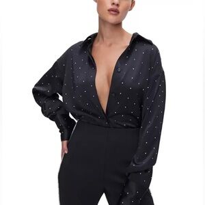 NWT Good American Black Satin Button-Down Shirt with Silver Diamond Gems S/M